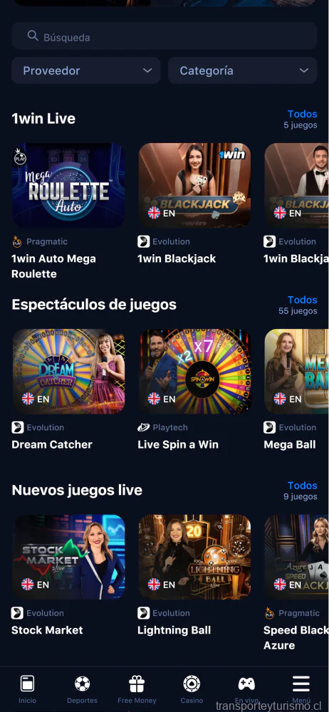 captura de pantalla de la aplicación móvil 1win casino en vivo