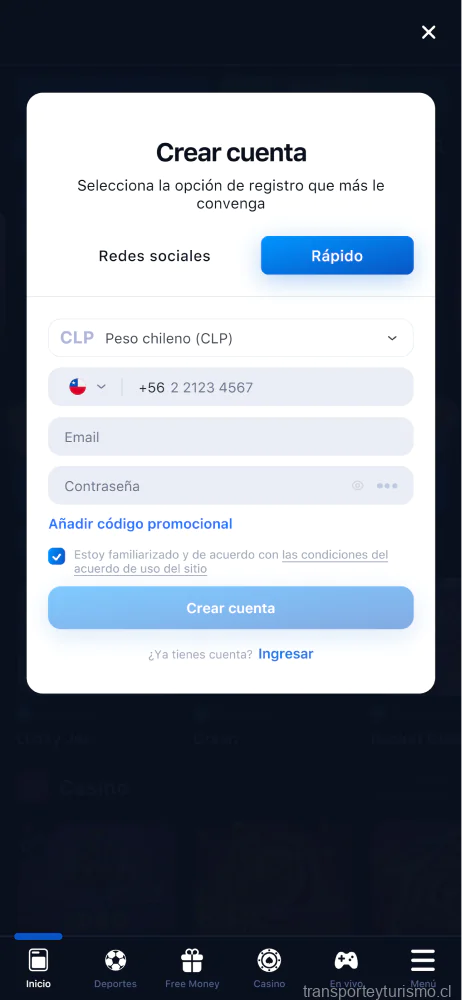 captura de pantalla de la aplicación móvil 1win registro